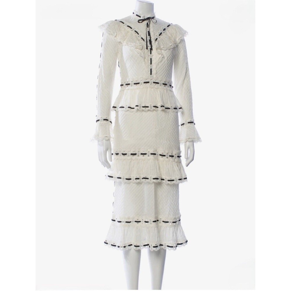 Zimmermann Mock Neck Pintuck Midi Women’s Dress in Cream / Black Size 0